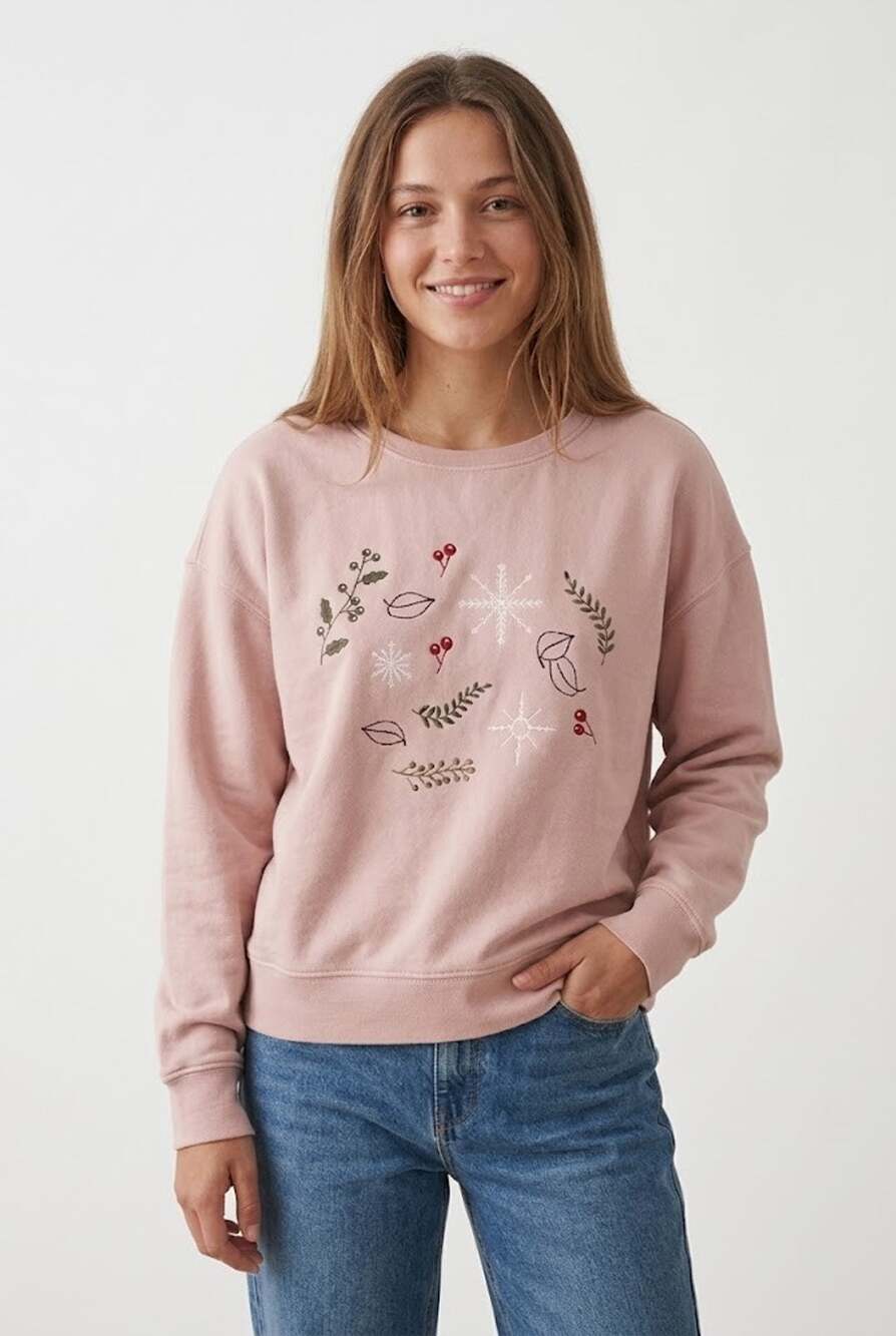 Pact Organic Cotton Winter Sprigs Slouchy Sweatshirt Soft Pink Small